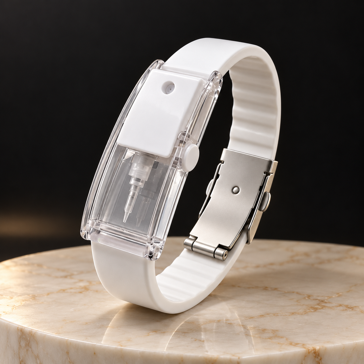 The RIVYRE refillable fragrance bracelet in Pearl White on pale marble, showing the white press actuator with its mist outlet, the transparent reservoir with the pump visible inside, the ribbed silicone band and the folding steel clasp