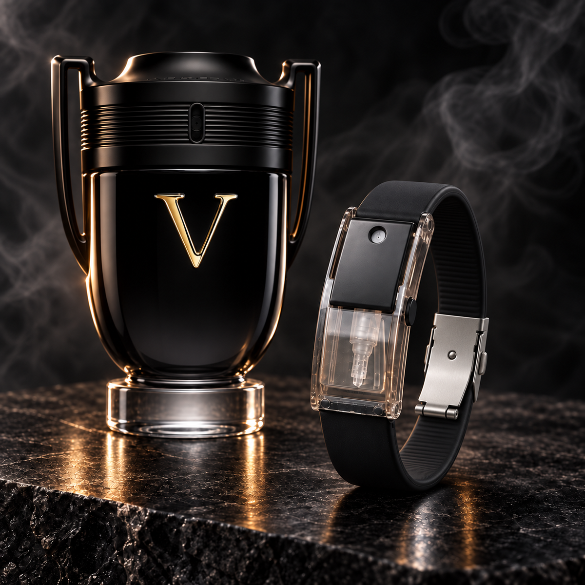 The Onyx Black RIVYRE bracelet on dark stone beside a trophy-shaped fragrance bottle, lit in warm gold