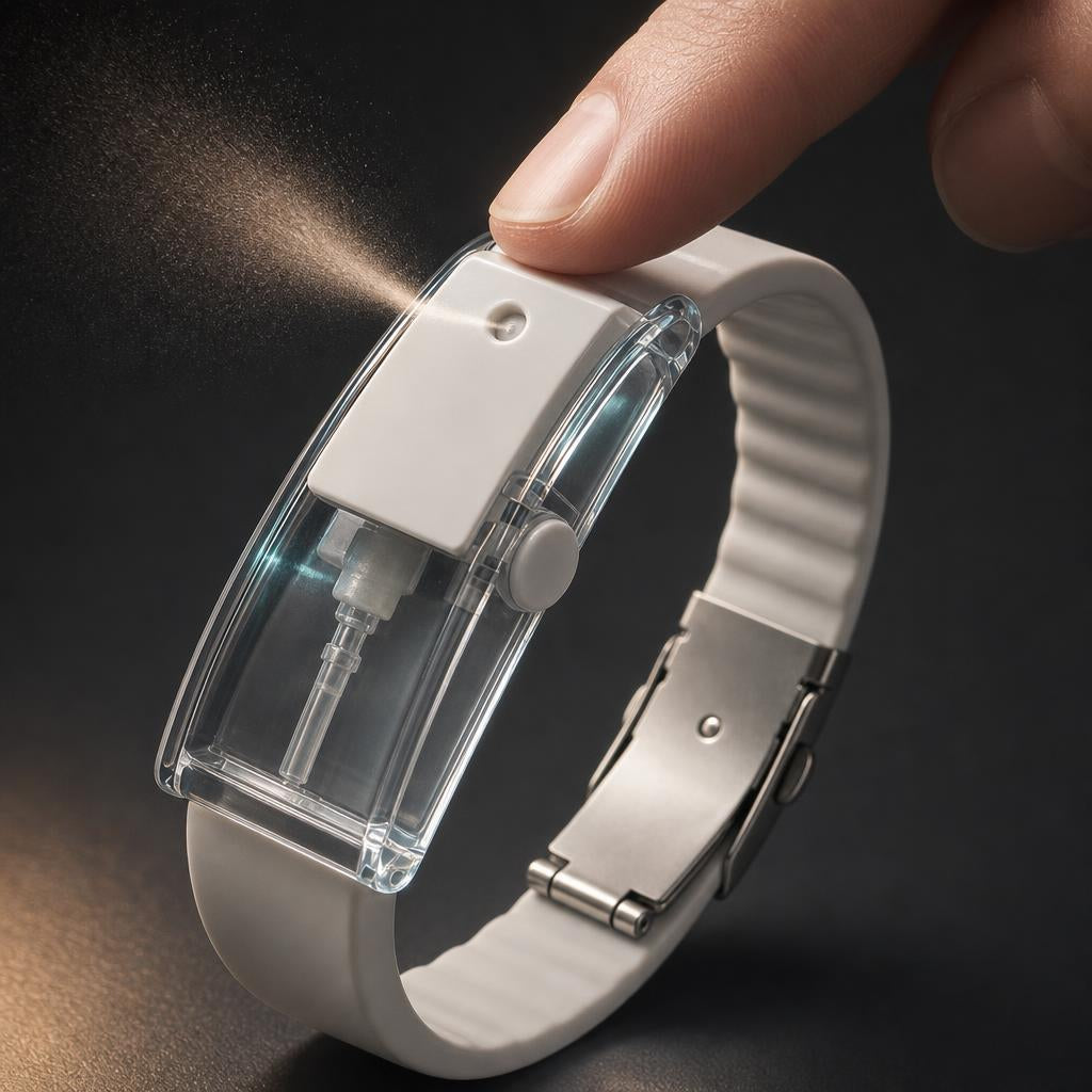 A fingertip pressing the top actuator of the RIVYRE bracelet, releasing a fine mist from the round outlet on its face