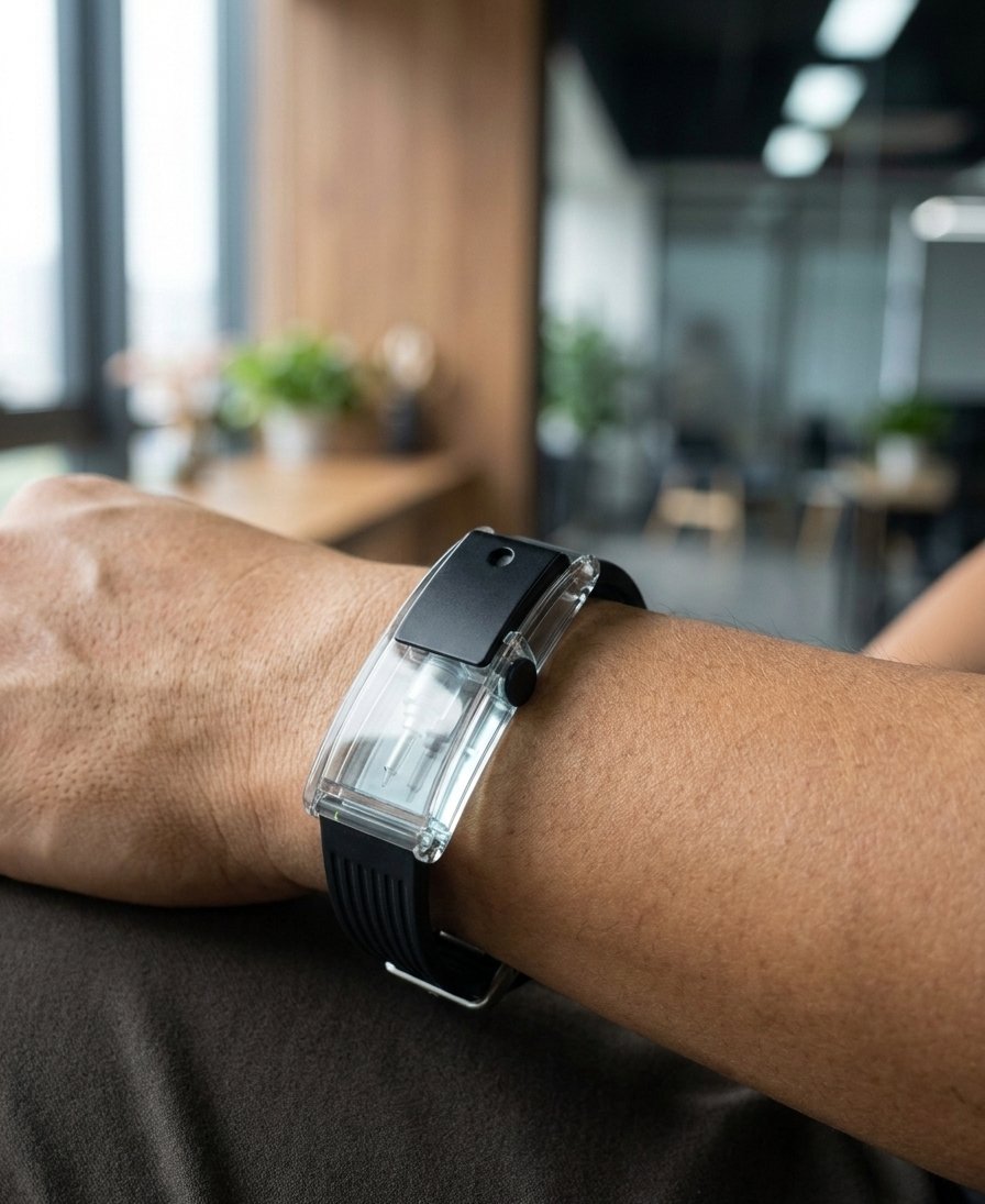 The black RIVYRE bracelet fastened on a wrist, resting on a chair arm in an office