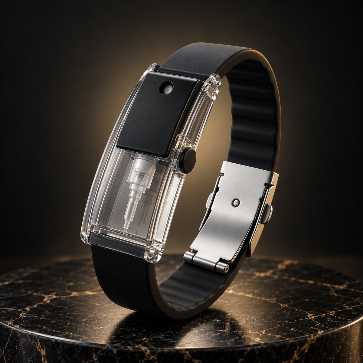 The RIVYRE refillable fragrance bracelet in Onyx Black on dark veined marble, showing the black press actuator with its mist outlet, the transparent reservoir with the pump visible inside, the ribbed silicone band and the folding steel clasp