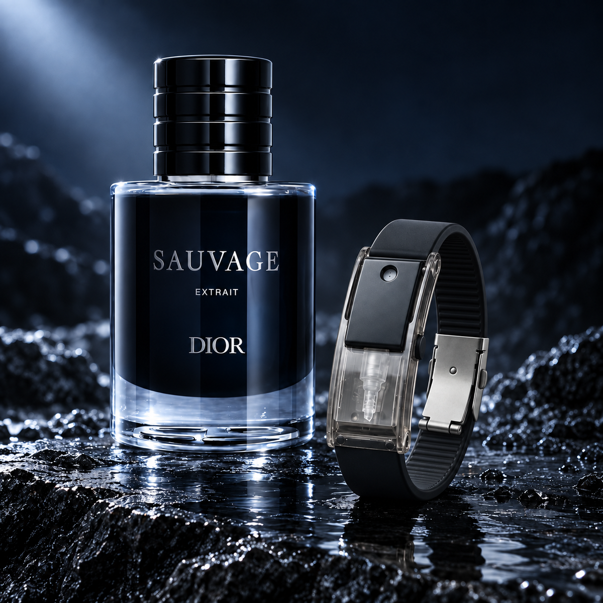 The Onyx Black RIVYRE bracelet on wet dark stone beside a dark glass fragrance bottle