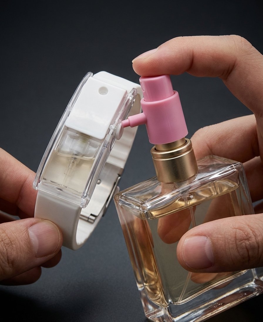 Refilling RIVYRE: the pink adapter fitted onto the perfume bottle pump stem, its short rigid nozzle inserted directly into the bracelet lateral inlet