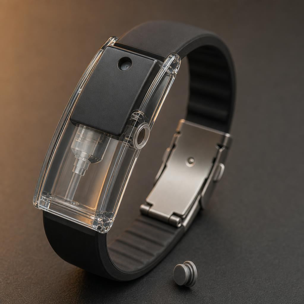 Close-up of the RIVYRE bracelet with the side inlet plug removed, showing the open liquid inlet in the transparent housing