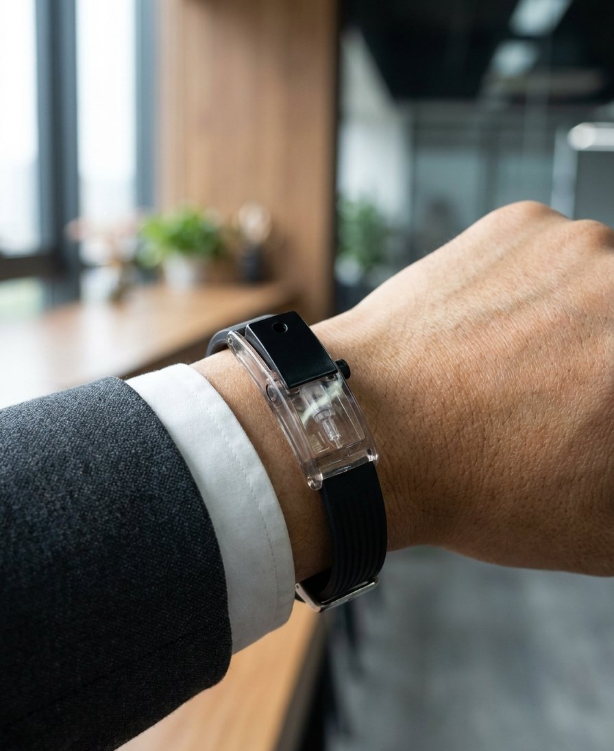 The black RIVYRE bracelet worn on a wrist by an office window