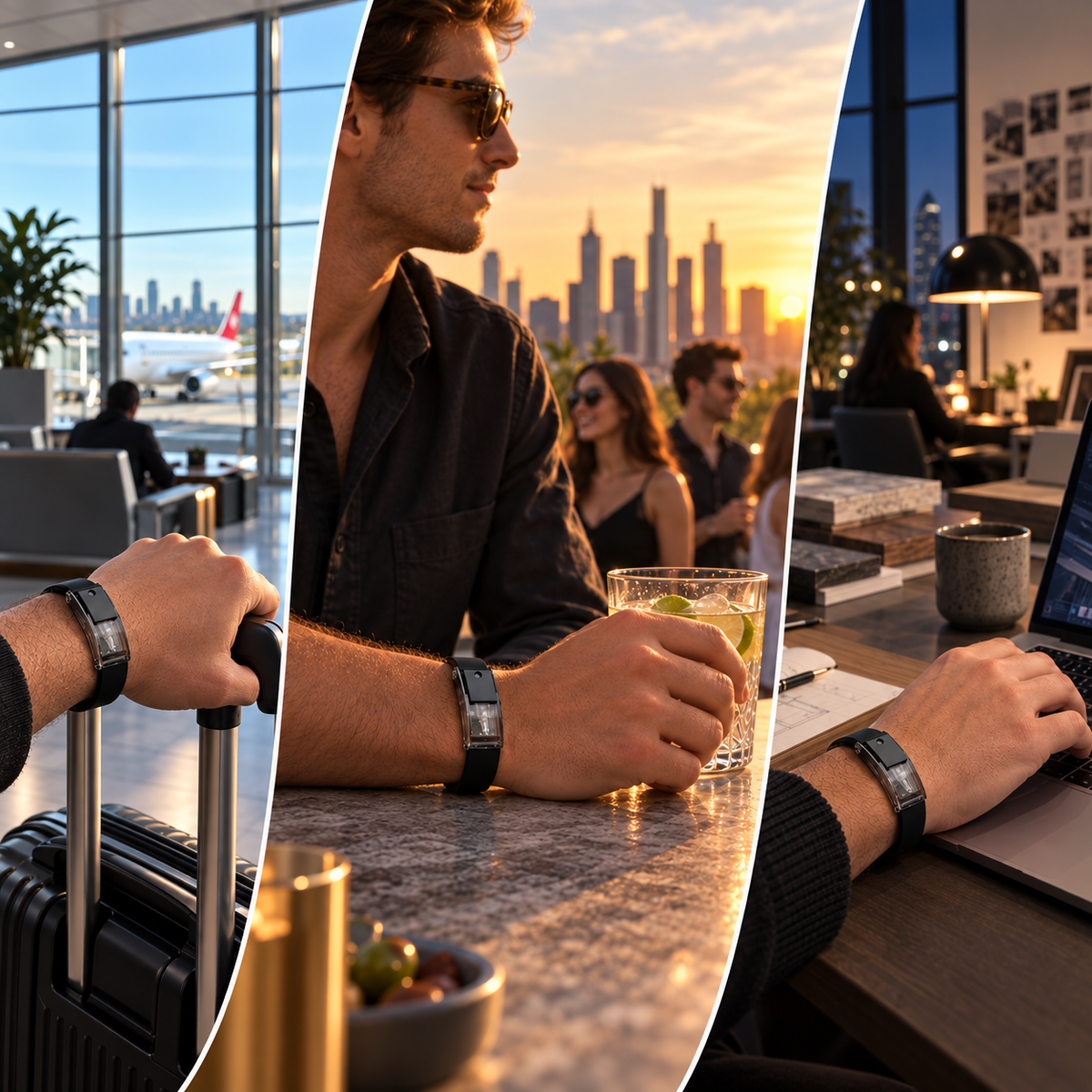 Three moments wearing the Onyx Black RIVYRE bracelet: waiting in an airport lounge, at a rooftop bar at sunset, and working at a desk in the evening