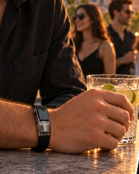 A wrist wearing the black RIVYRE bracelet resting on a bar top at sunset, a drink in hand and a city skyline behind