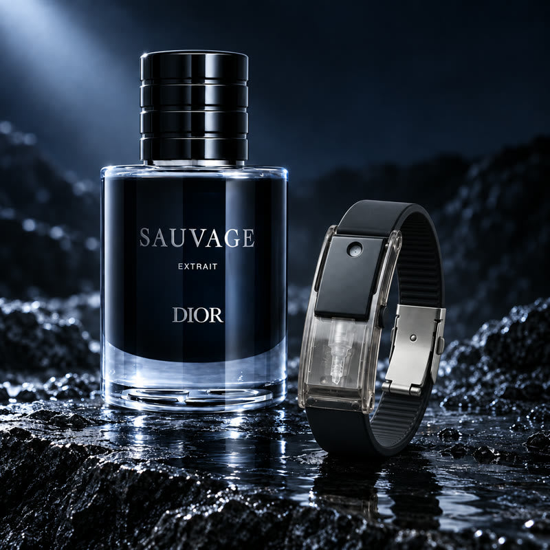 The Onyx Black RIVYRE bracelet on wet dark stone beside a dark glass fragrance bottle